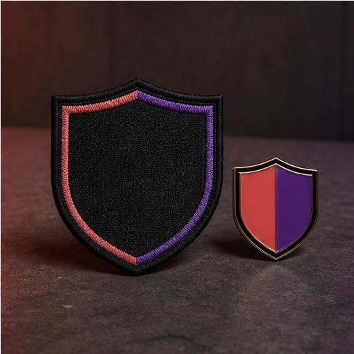 Recreación fotorrealista conceptual de un parche y un pin del escudo TOVRI FC