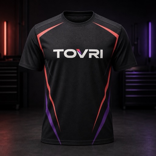 Recreación fotorrealista conceptual de una camiseta TOVRI Racing para sim racing